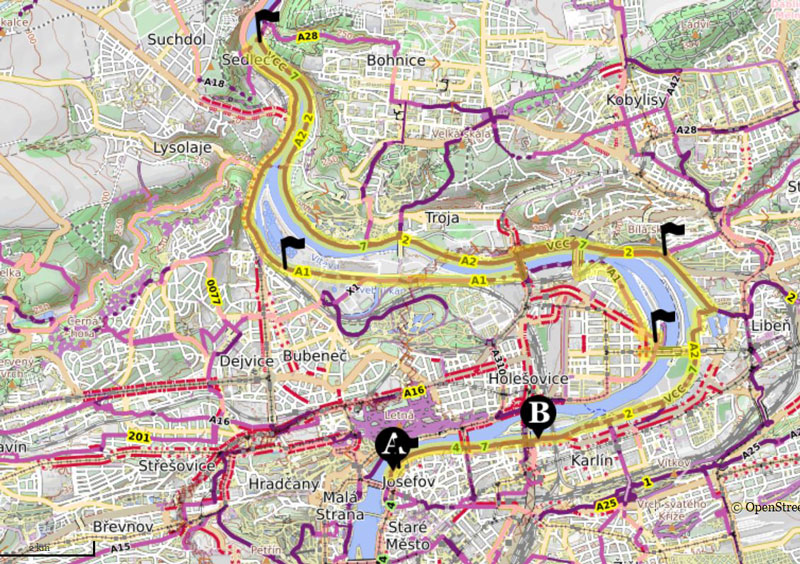 Prague地图显示河流弯曲和a2和a1自行车路径细节