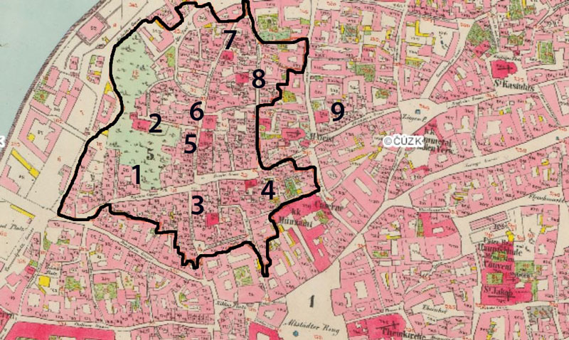 1842年PragueJewish聚居区地图显示九大犹太堂位置