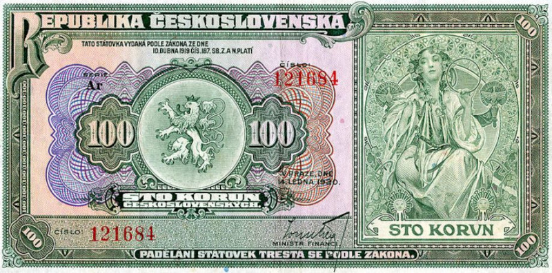 首枚czechoslovakczk100纸币艺术装饰